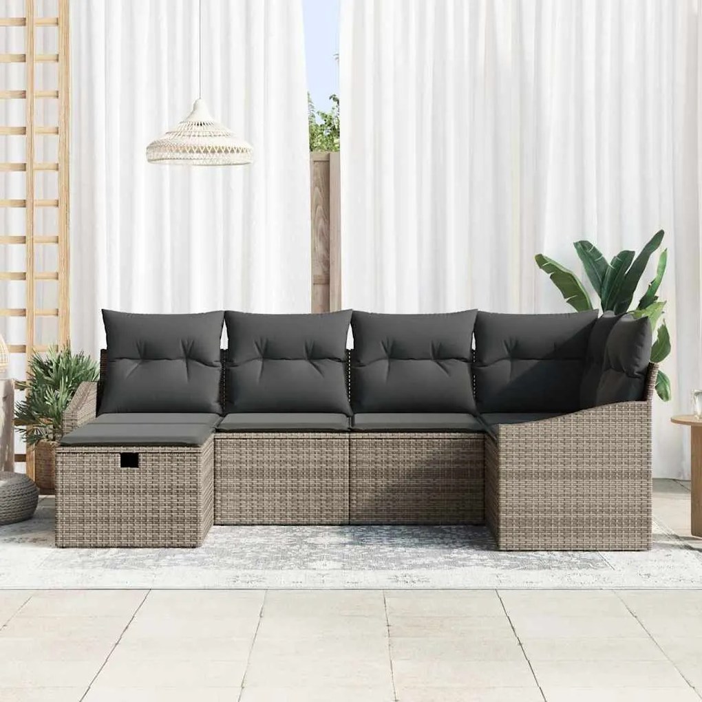 Conjunto de Sofás de Jardim 6 Peças com Almofadas Cinza Rattan Sintéti