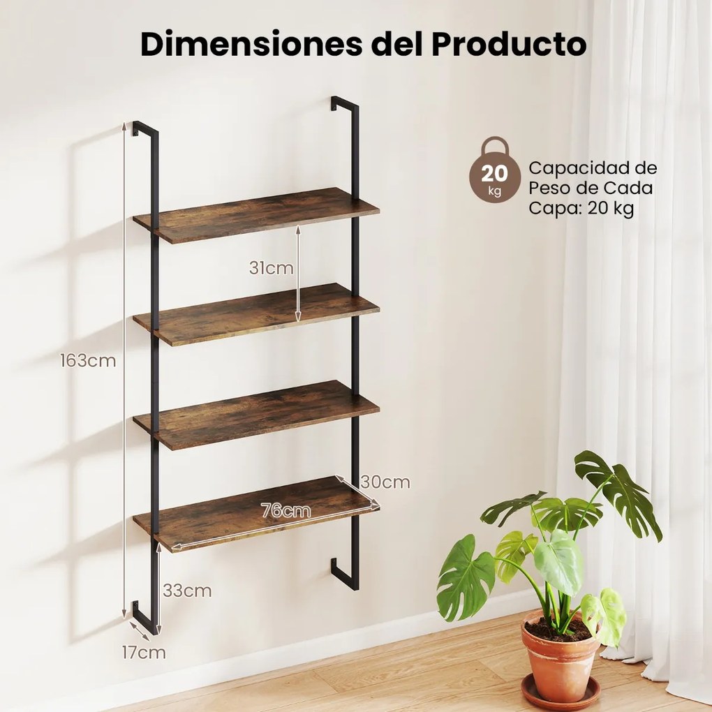 Estante flutuante de parede 76 x 30 x 163 cm com 4 níveis, estrutura metálica e escada de madeira, estilo industrial moderno, cor café