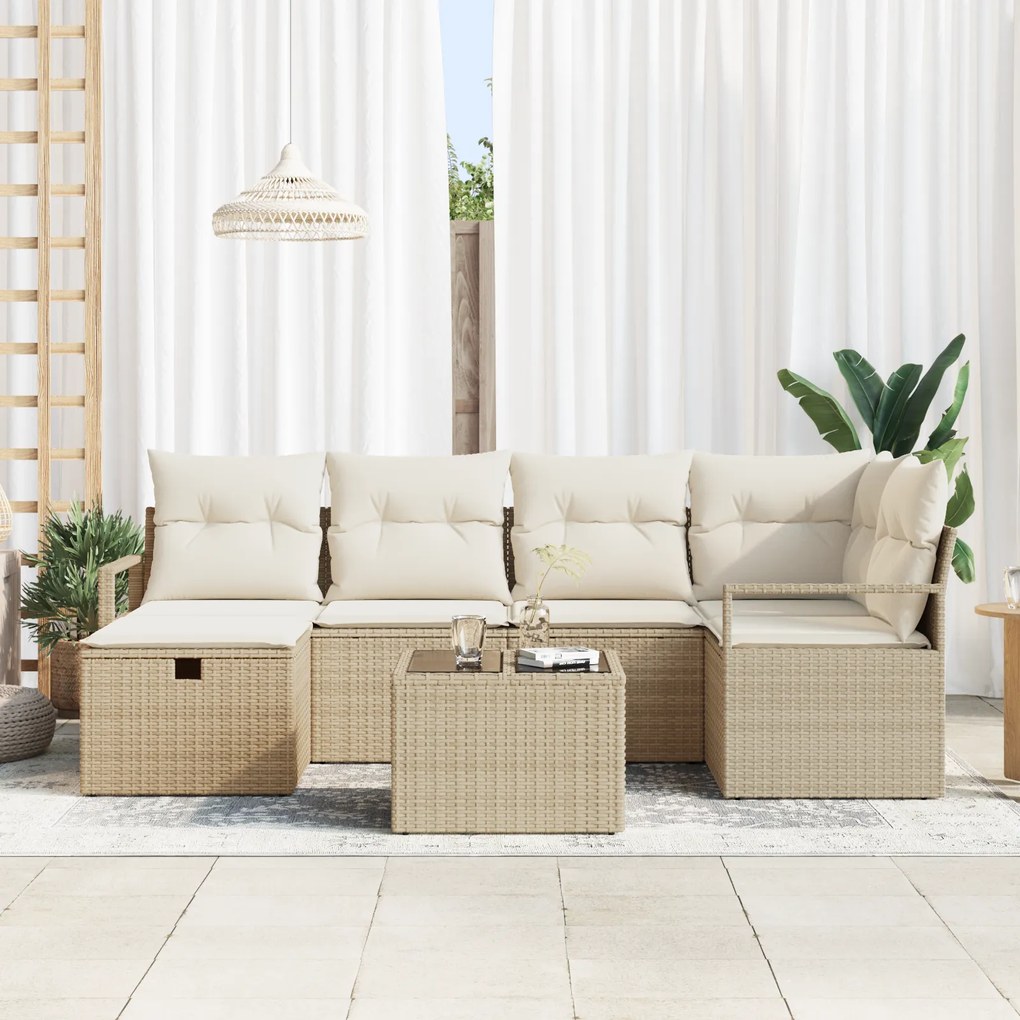 Conjunto de Sofás de Jardim de 7 Peças com Almofadas Bege Polyrattan,