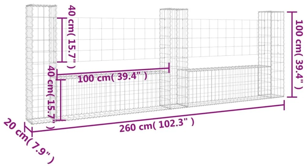 Cesto gabião em forma de U c/ 3 postes 260x20x100 cm ferro