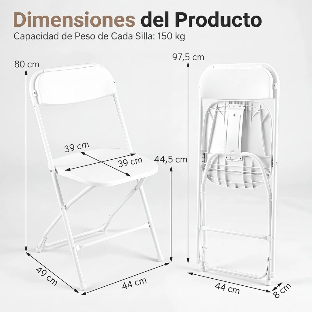 Conjunto de 4 Cadeiras de Sala de Jantar Dobráveis (MESA NÃO INCLUIDA), 44 x 49 x 80 cm, Encosto Inclinado, Branco