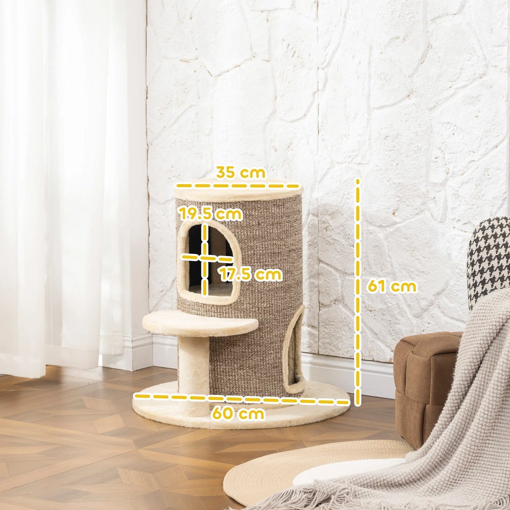 Arranhador em forma de barril com 2 níveis e plataforma, ideal para os gatos afiarem as unhas e brincarem, 60 x 60 x 61 cm, bege