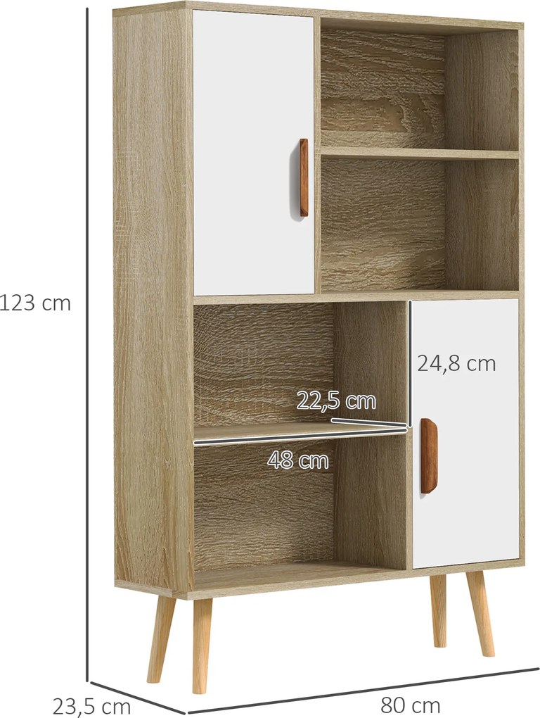 Estante escandinava com 4 compartimentos abertos + 2 armários com prateleira, 80 x 24 x 123 cm, pés cónicos inclinados, cor de carvalho