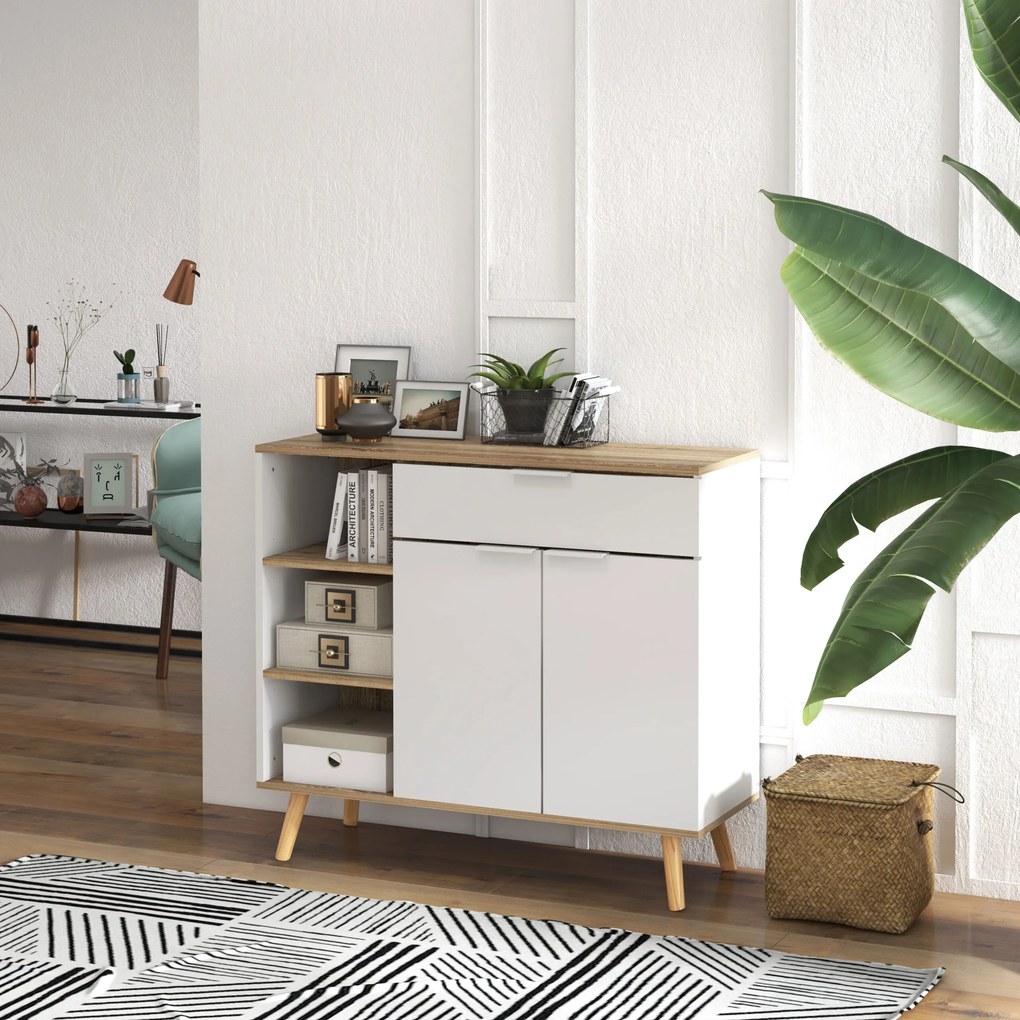 Móvel de arrumação 95 x 35 x 85 cm para cozinha com 1 gaveta, 1 armário de duas portas e 3 prateleiras ajustáveis, branco e natural