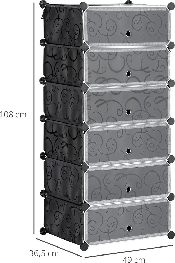 Móvel modular 49 x 36,5 x 108 cm para arrumação de sapatos com 6 cubos retangulares empilháveis - preto