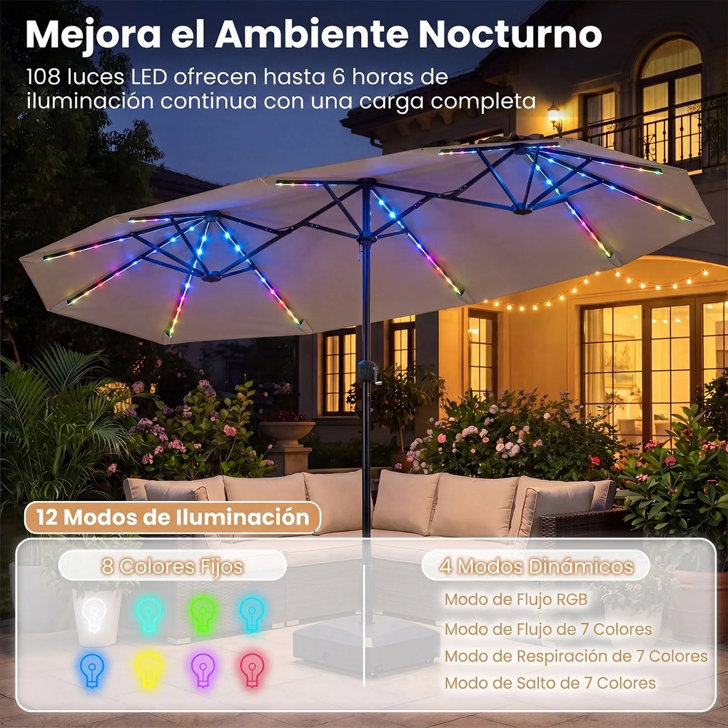 Guarda-sol duplo resistente, 400 x 210 cm (BASE NÃO INLCUIDA), com 108 luzes LED solares, manivela fácil de utilizar e 12 varas de metal, para jardim,