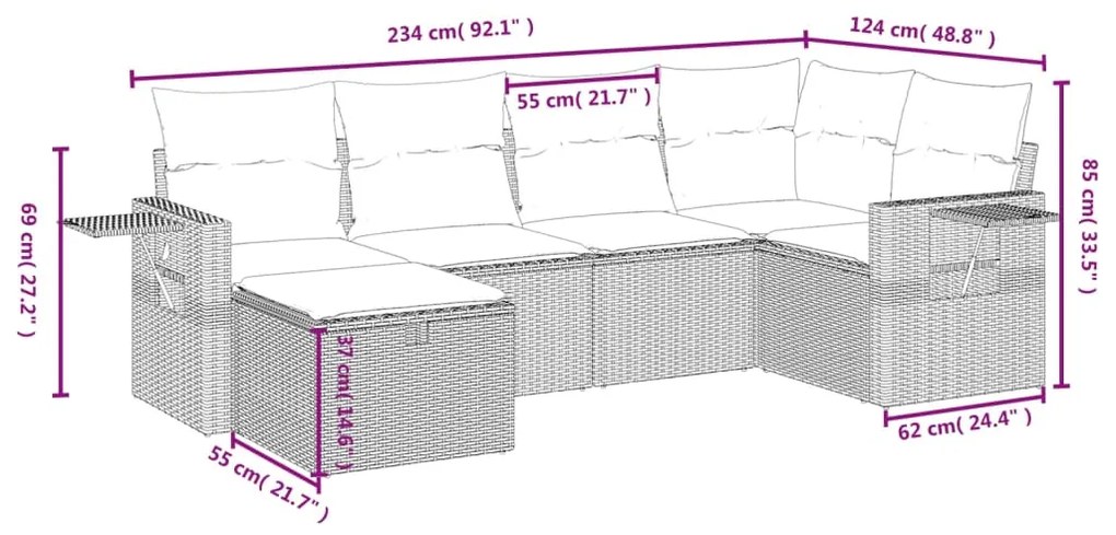 6 pcs conjunto sofás de jardim com almofadões vime cinzento