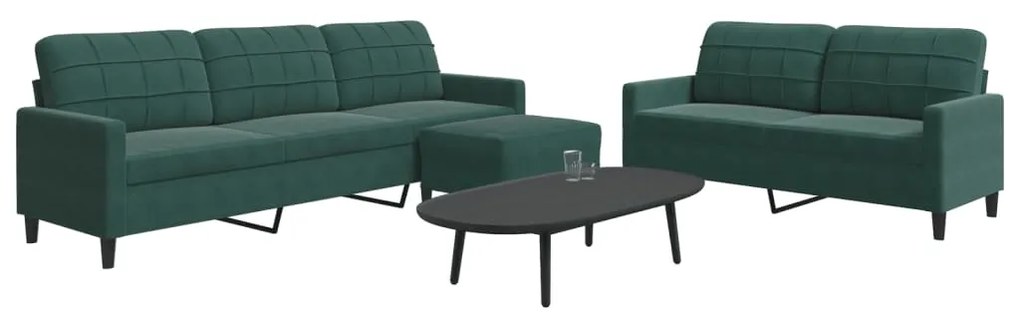3 pcs conjunto de sofás com almofadões veludo verde-escuro