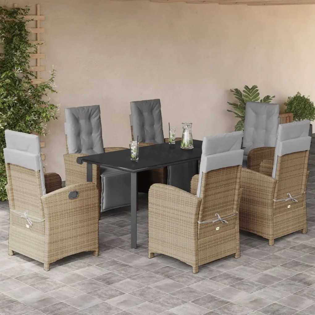 7 pcs conjunto de jantar p/ jardim com almofadões vime PE bege