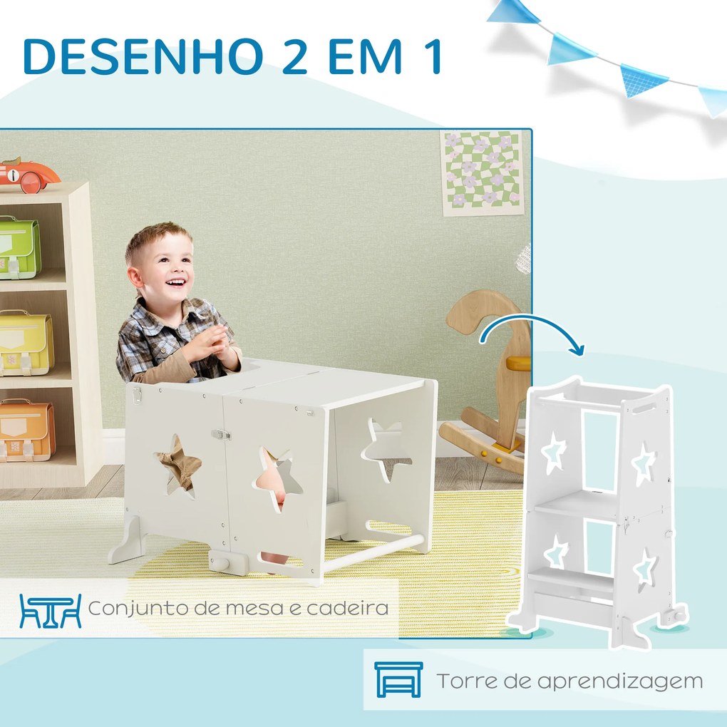 Torre de Aprendizagem 2 em 1 Torre de Aprendizagem para Crianças Convertível em Mesa e Cadeira 60x44,5x86 cm Branco
