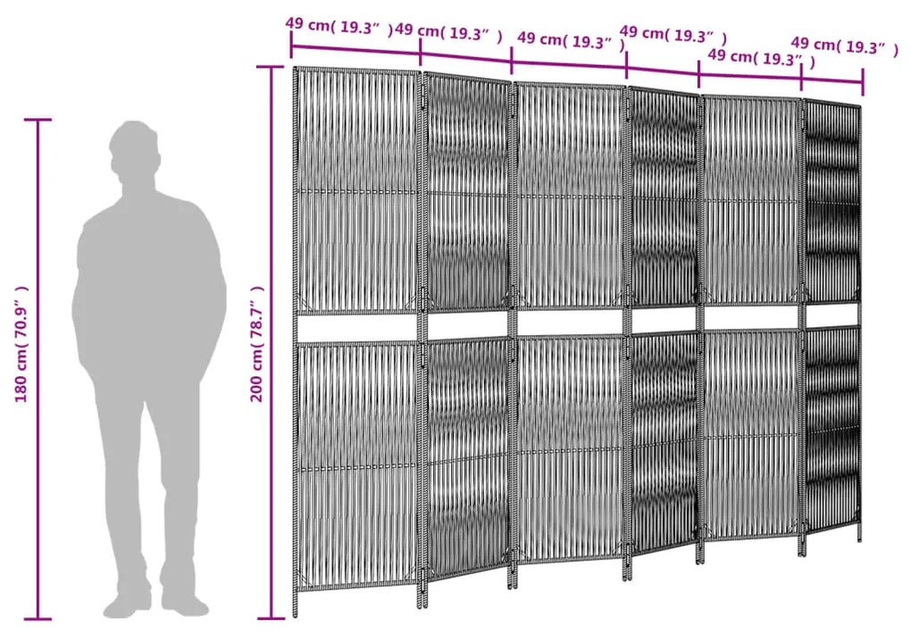 Biombo de divisão 6 painéis vime PE cinzento