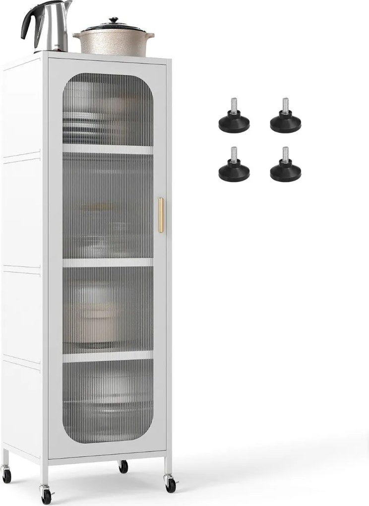 Armário Cozinha metálico 45 x 40 x 141 cm de 5 níveis Despensa de cozinha alta e estreita com prateleiras ajustáveis e porta semitransparente branco