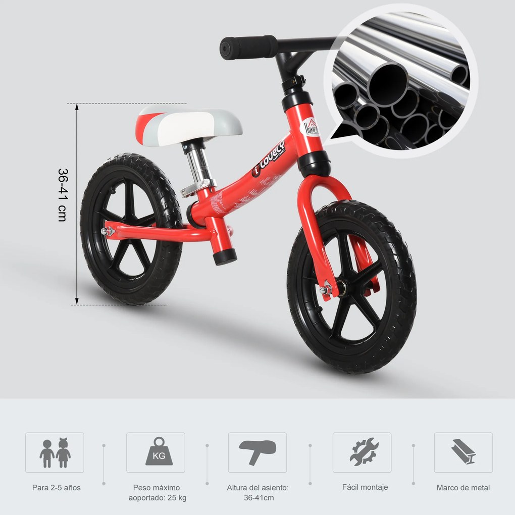 HOMCOM Bicicleta sem pedal para criança acima de 2 anos com selim ajustável em altura Pneus EVA máx. 25 kg Metal 65x33x46 cm Vermelho