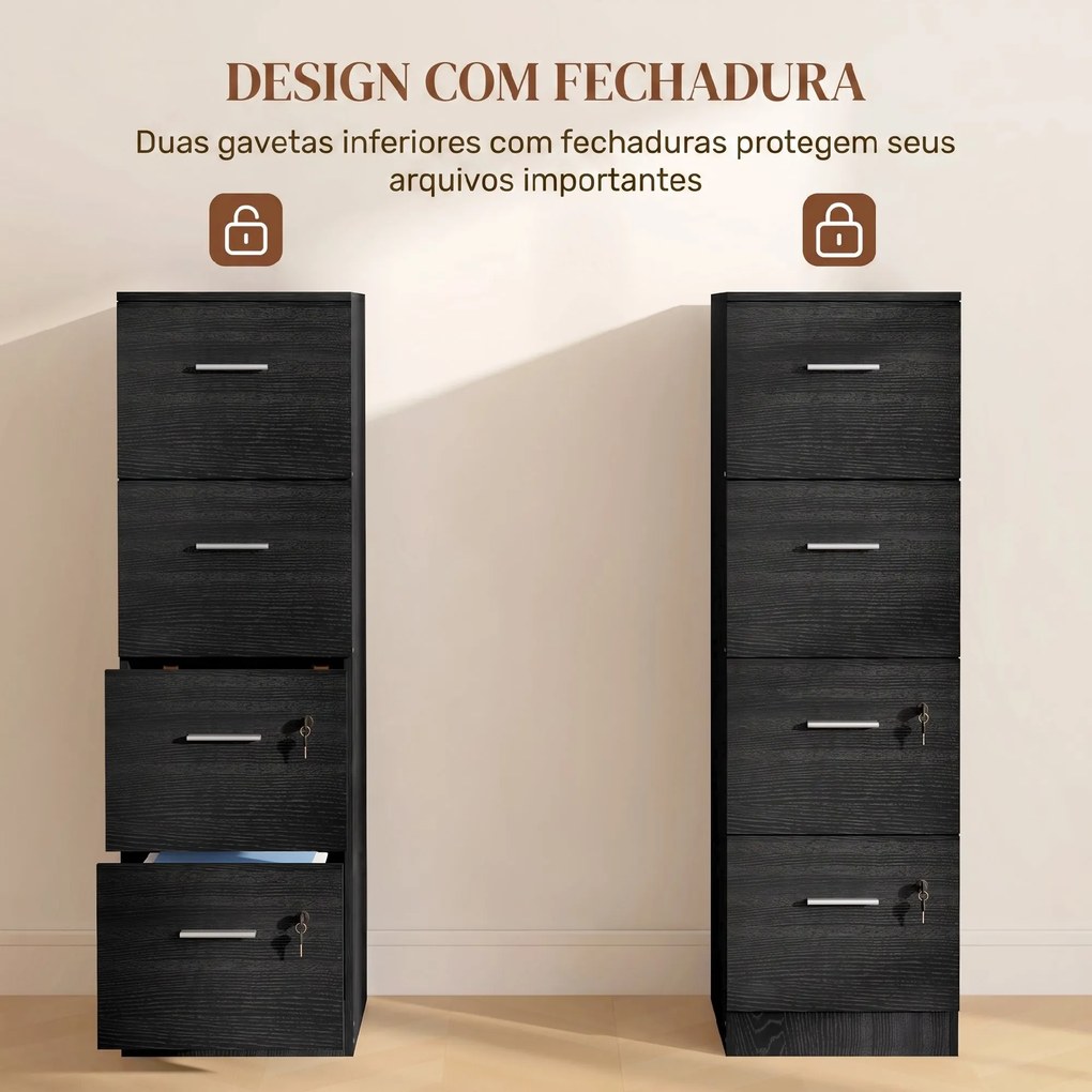 Bloco gavetas escritorio com 4 Gavetas Fechaduras e Barras Ajustáveis para Arquivo A4 e Letter 40x42x130,8 cm Preto