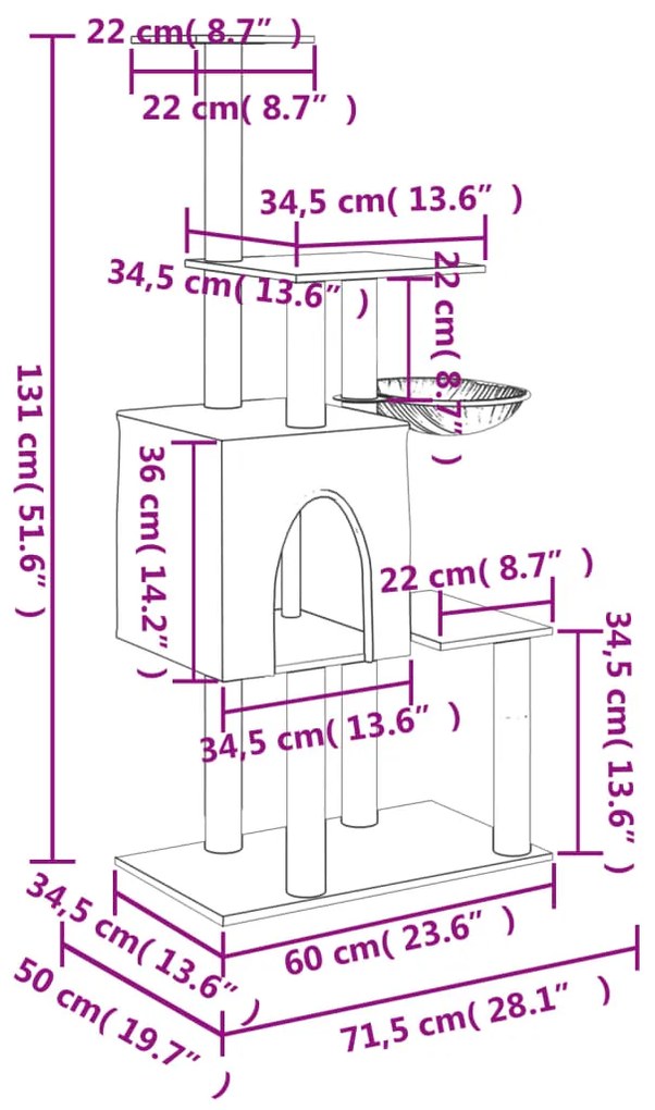 Árvore p/ gatos c/ postes arranhadores sisal 131cm cinza-escuro