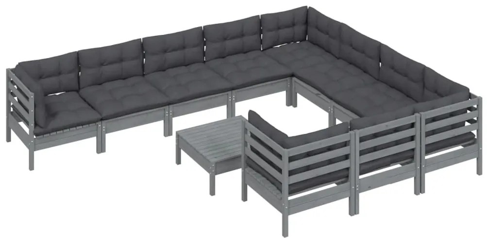 11 pcs conjunto lounge de jardim c/ almofadões pinho cinza