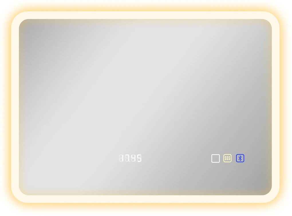 HOMCOM Espelho de Casa de Banho com Luz LED 70x50 cm Bluetooth 3 Cores de Luz Relógio Digital Função Antiembaciamento Função de Memória Prata | Aosom Portugal