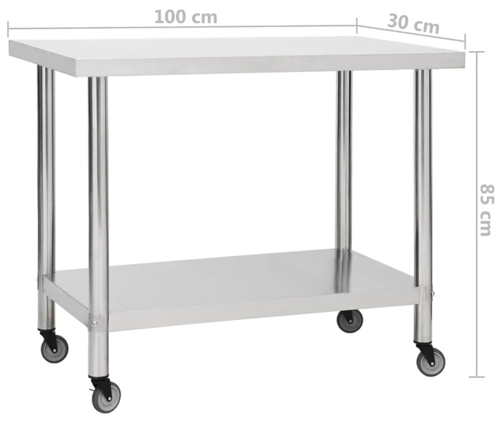 Mesa de trabalho de cozinha c/ rodas aço inoxidável 100x30x85cm