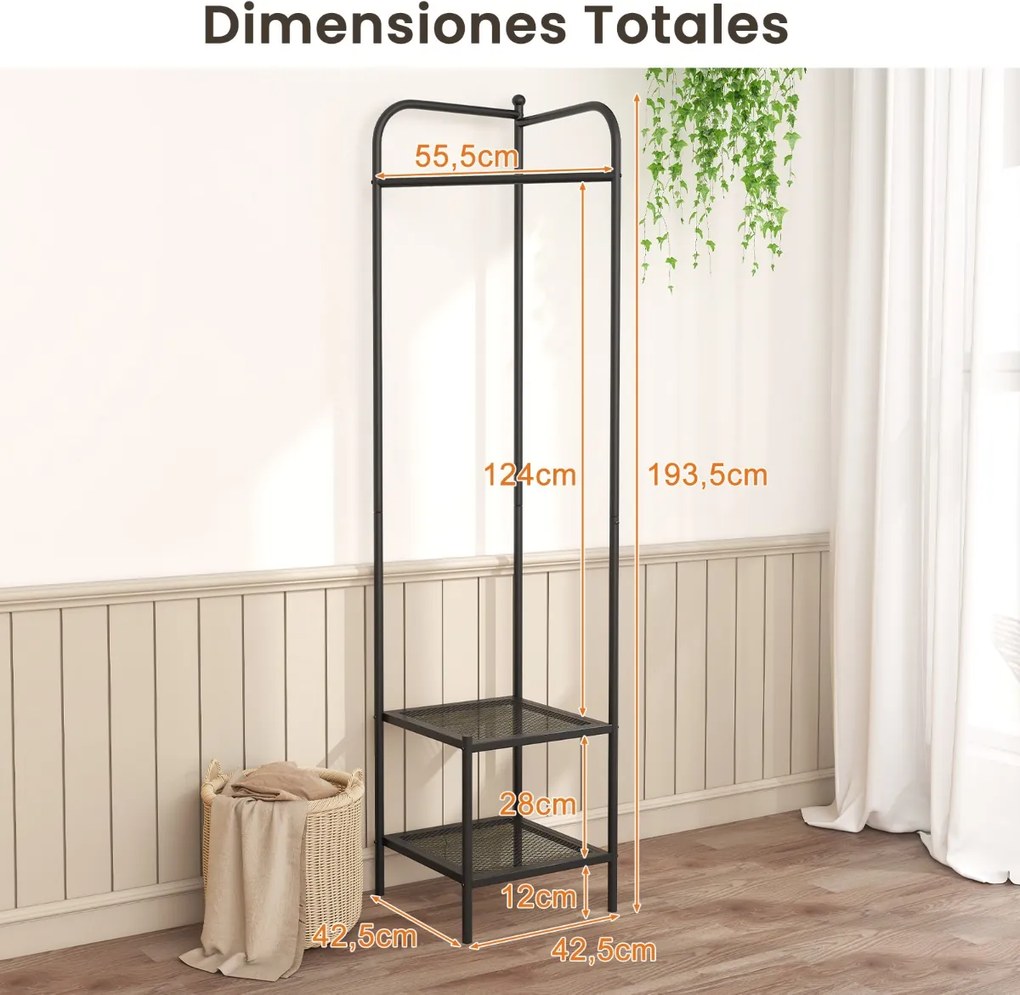 Guarda Roupa de canto 2 em 1 para roupa com gancho superior e 2 prateleiras Economia de espaço 42,5 x 42,5 x 193,5 cm Preto