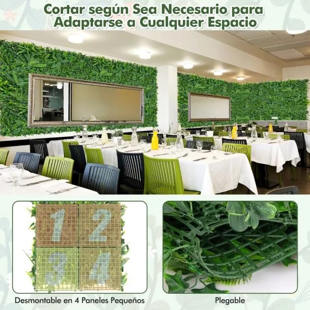 Conjunto 4 peças de painéis de sebes artificial 50 x 50 cm com várias folhas Painel de parede de relva de proteção solar para interior e exterior Verd