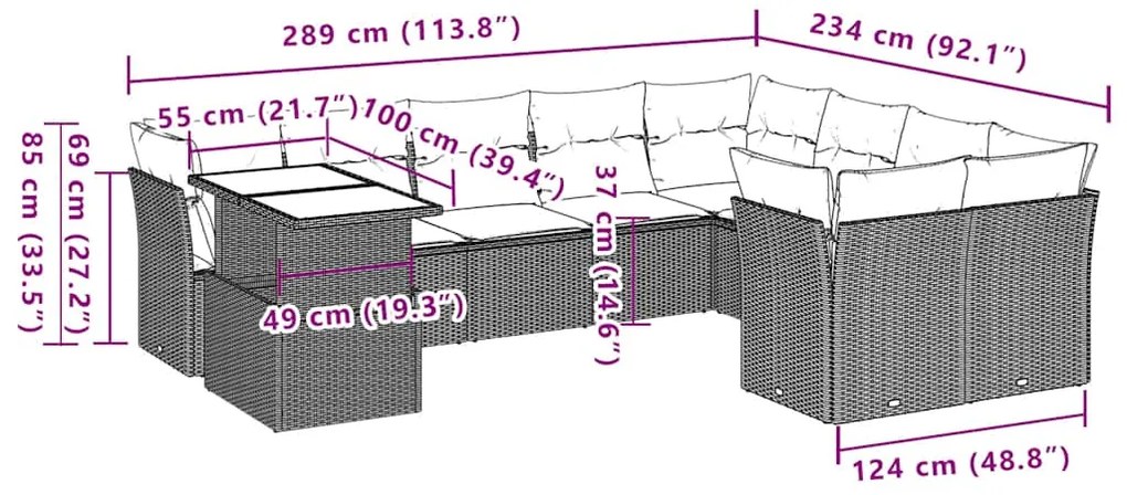 10 pcs conjunto sofás de jardim c/ almofadões vime PE preto