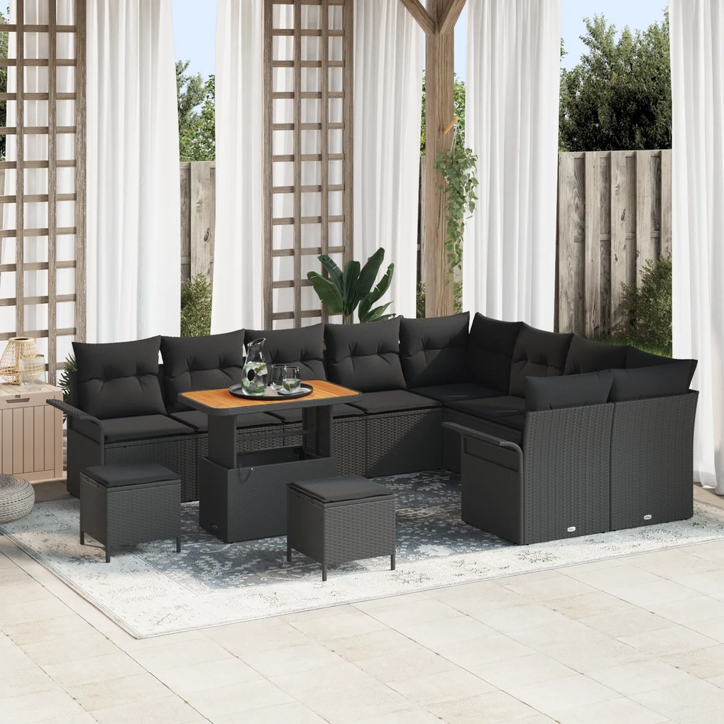 Conjunto de Sofá de Jardim vidaXL de 12 Peças com Almofadas Preto Vime