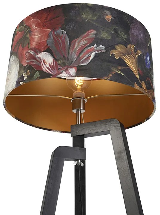 Candeeiro de pé tripé preto com cúpula com design floral 50 cm - Puros Clássico / Antigo
