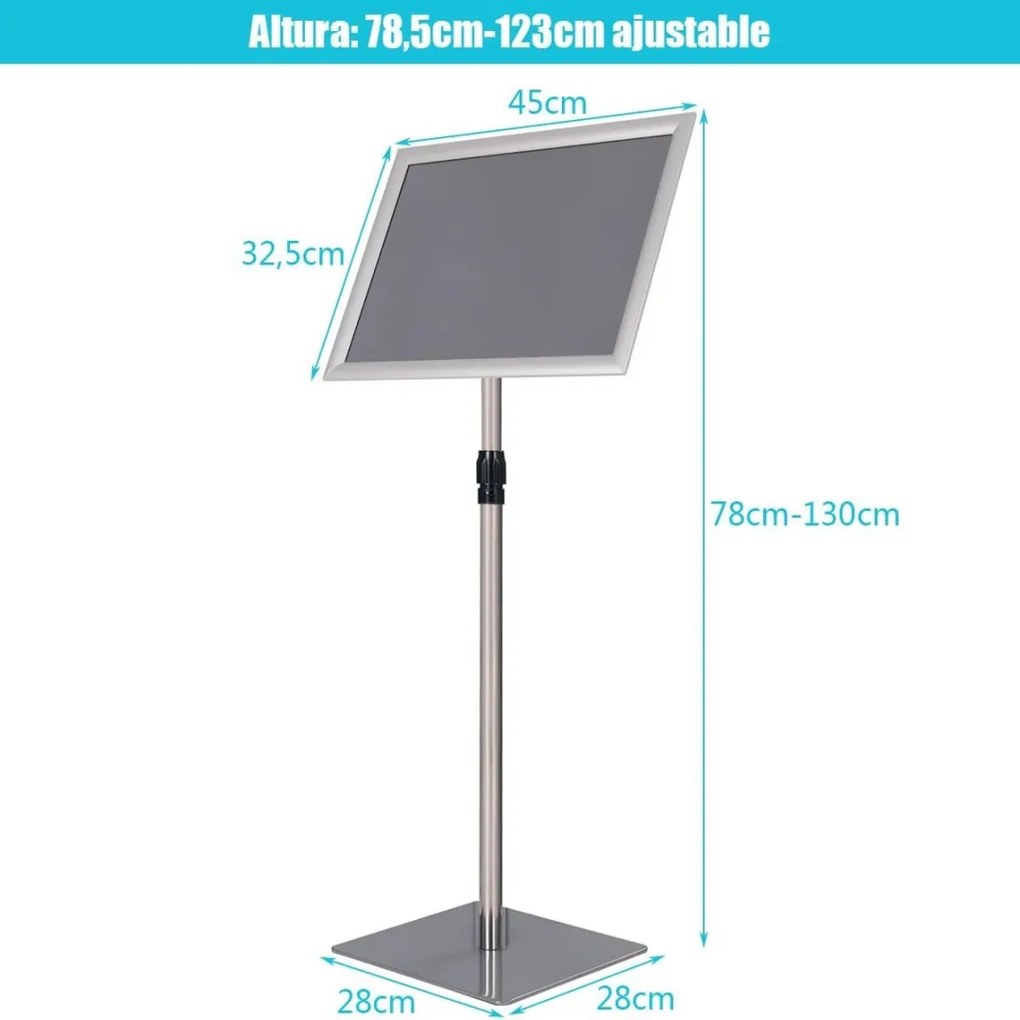 Conjunto de 2 Suportes para Cartazes A3, 45 x 32,5 x 78-130 cm, Altura Ajustável, Prata