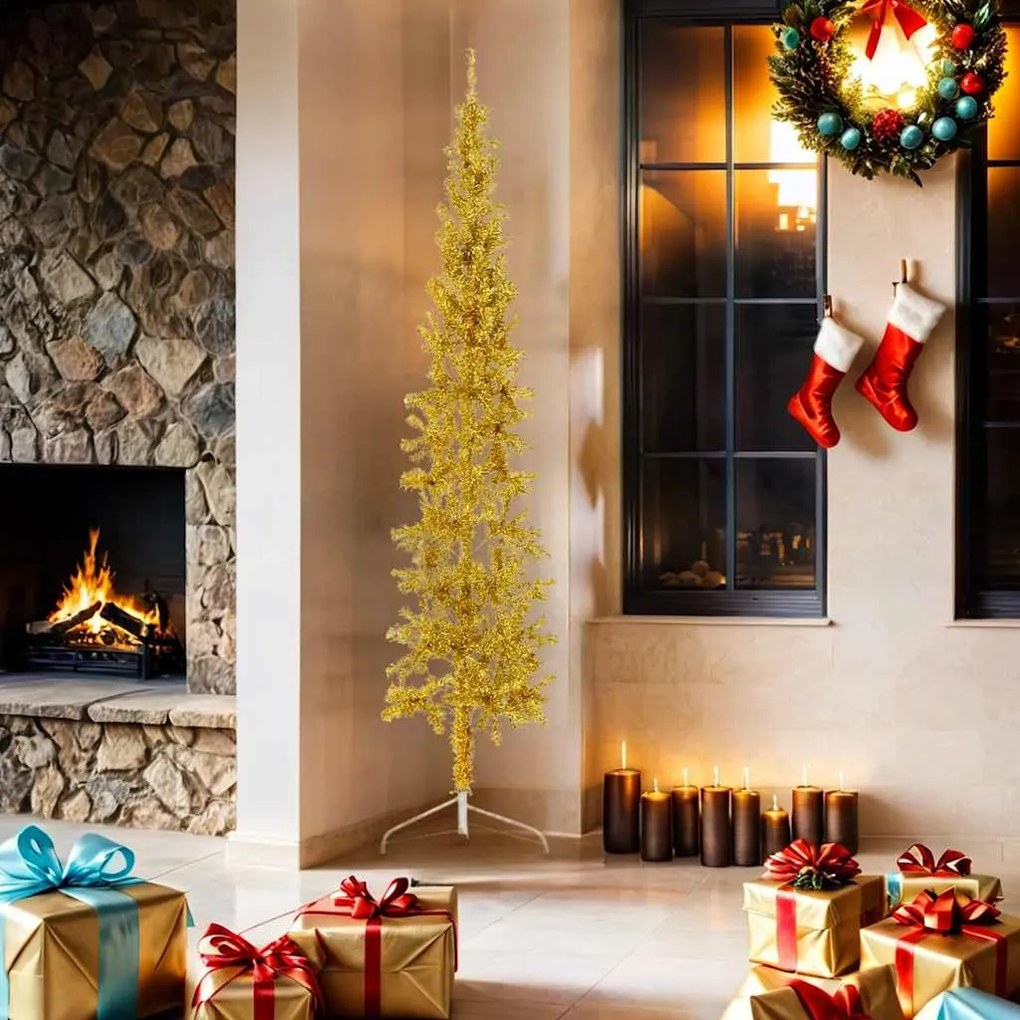 Meia árvore de Natal fina com suporte 180 cm dourado