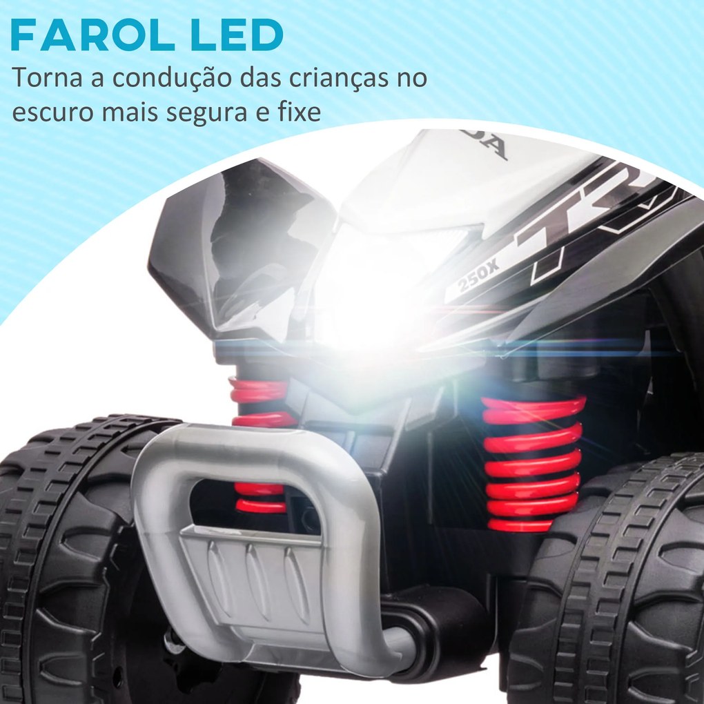 Moto 4 Elétrica HONDA para Crianças Bateria 6V com Faróis LED Buzina Velocidade de 2,8km/h 65,5x35,5x43,5 cm Branca e Preto