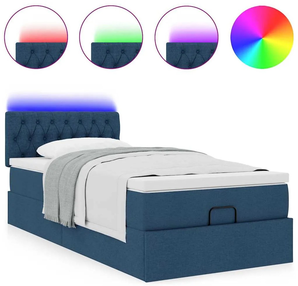 Cama Otomana com Colchão & LEDs Tecido Azul 90x200 cm