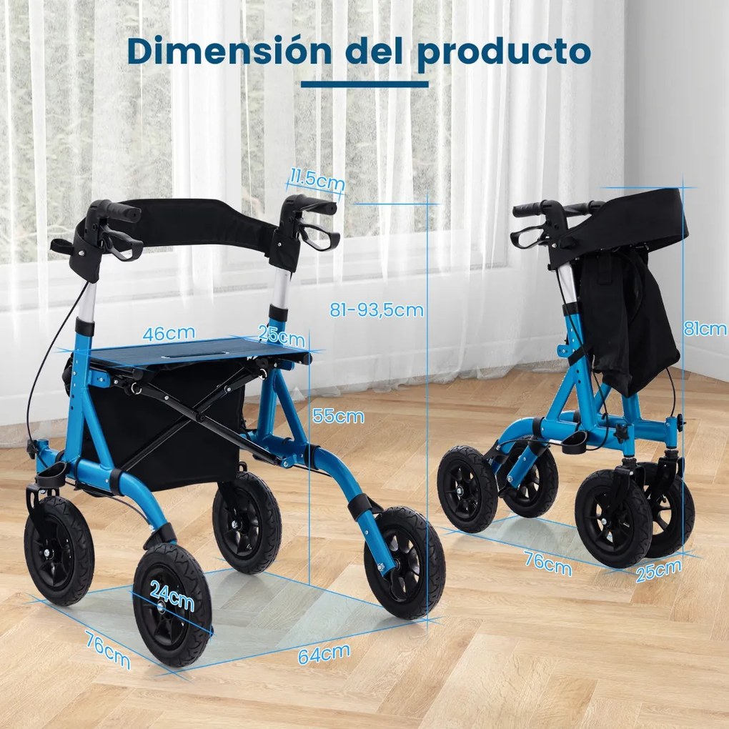 Andarilho dobrável para idosos com assento 24 cm Rodas pneumáticas todo-o-terreno Saco de arrumação Carga 160 kg Azul