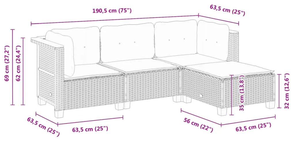 4 pcs conjunto sofás de jardim c/ almofadões vime PE cinzento