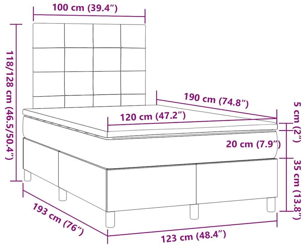 Cama box spring colchão/LED 120x190cm tecido cinza-acastanhado
