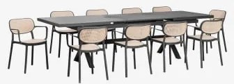 Conjunto De Mesa Retangular Extensível Karena 240-300x100 Cm E 10 Cadeiras De Jardim Empilháveis Com Apoios De Braços Omara Cinza Grafito - Sklum