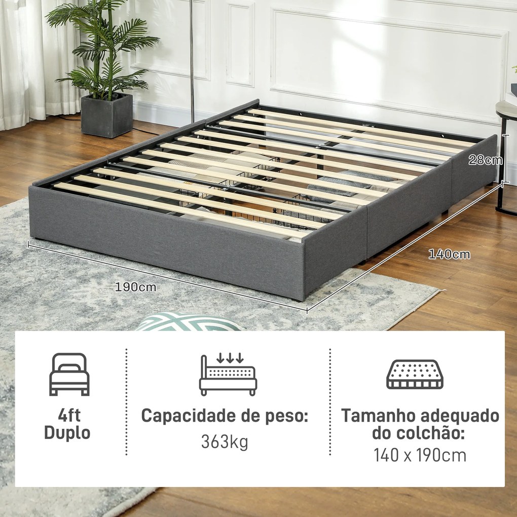 Estrutura de Cama Dupla 140x190 cm Estrutura Cama de Casal com 3 Gavetas e Estrutura de Metal Carga 363 kg Cinza