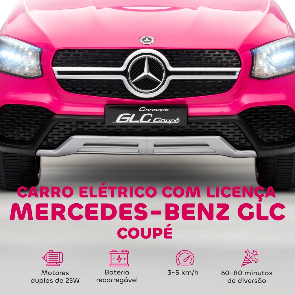 Carro Elétrico para Crianças Mercedes-Benz GLC Coupé 12V Controlo Remoto 2,4 G Motor Duplo MP3 Rosa