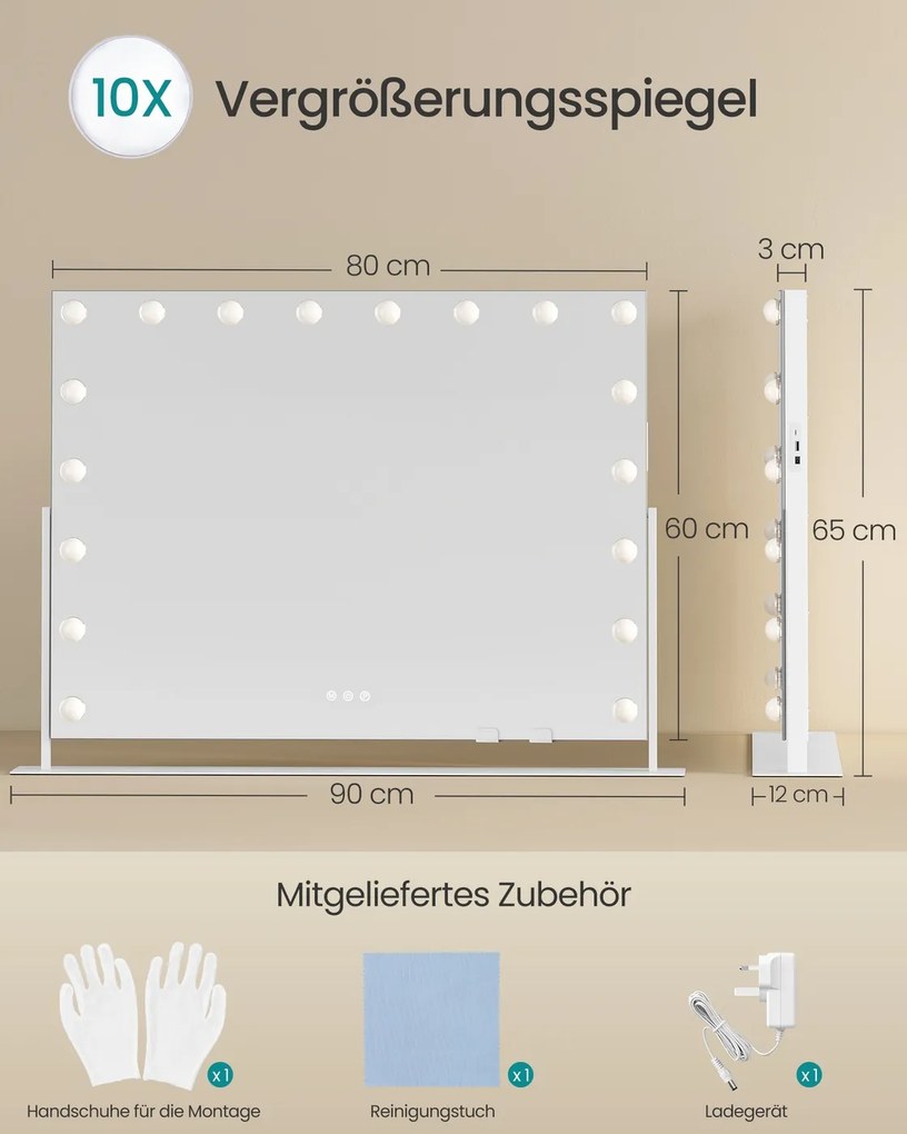 Espelho de maquilhagem 80 x 60 cm com iluminação e 18 lâmpadas LED, branco