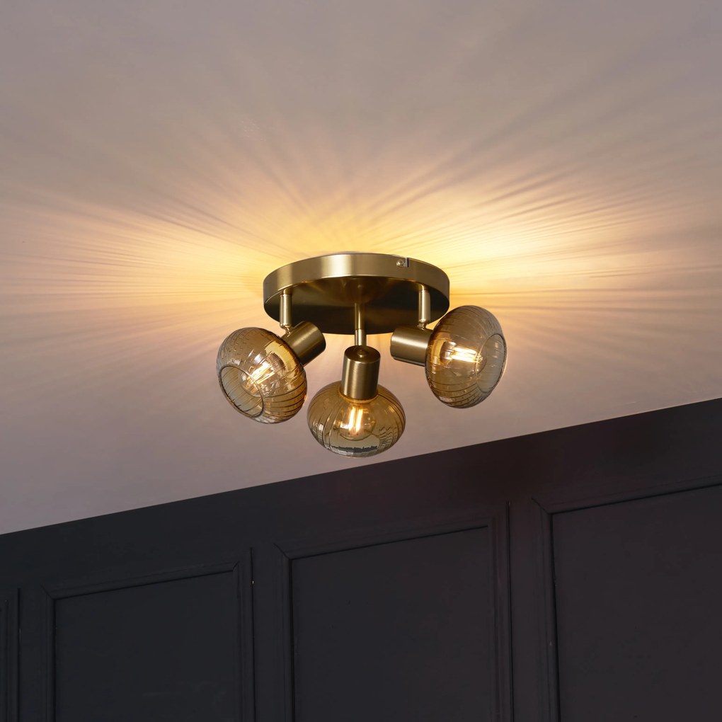 Candeeiro de Teto Moderno Dourado com Vidro Âmbar Redondo 3 Luzes - Teddy