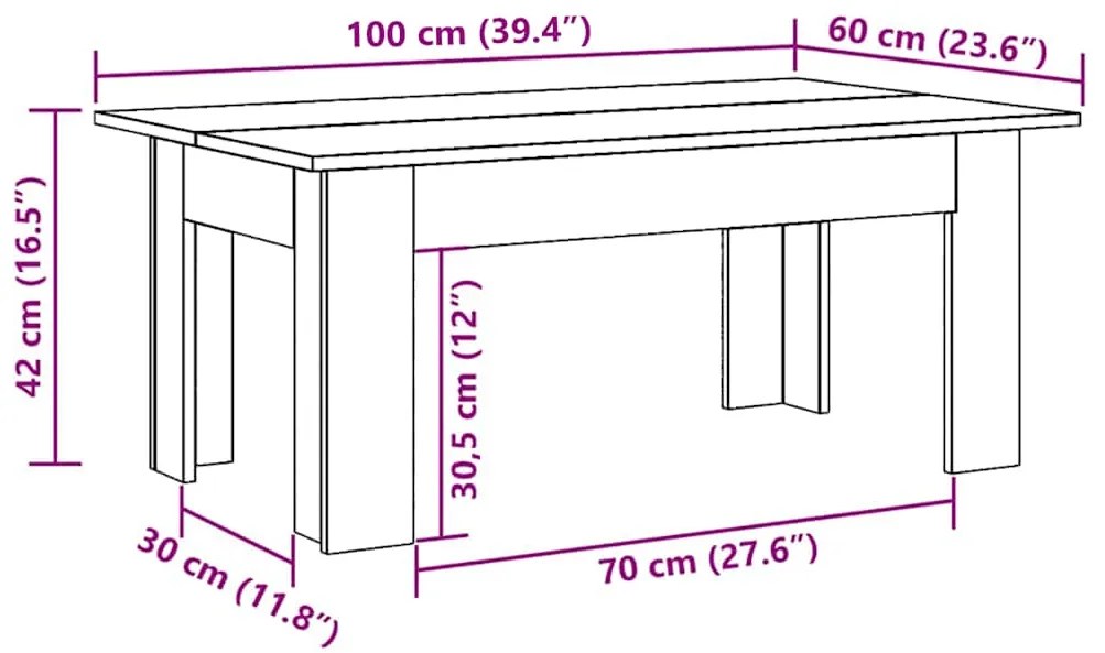 Mesa de centro 100x60x42 cm derivados de madeira madeira velha