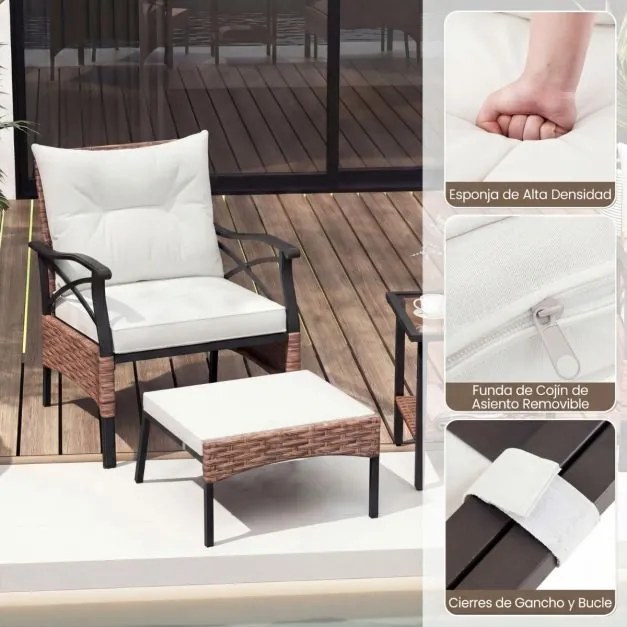 Conjunto de móveis jardim de vime de 5 peças com pufes, almofadas e mesa auxiliar de vidro temperado de 2 níveis para jardim, varanda, Castanho e Bege