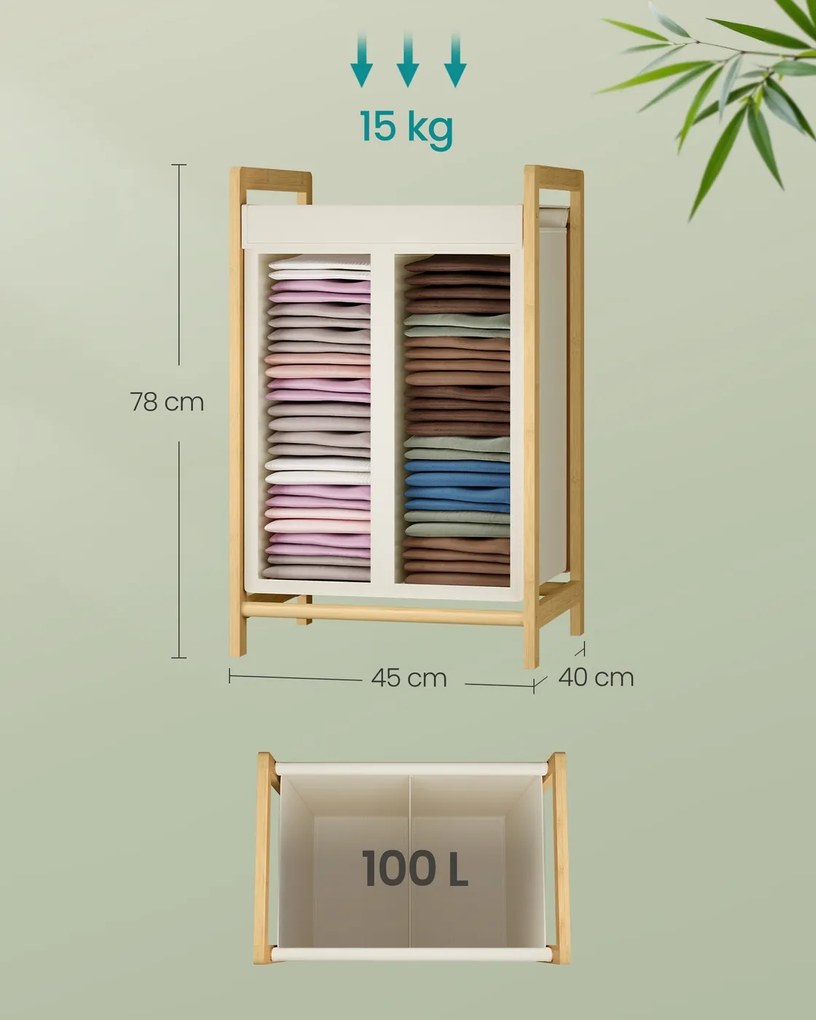 Cesto para roupa suja 100L, 45 x 40 x 78 cm com estrutura em bambu e dois compartimentos creme