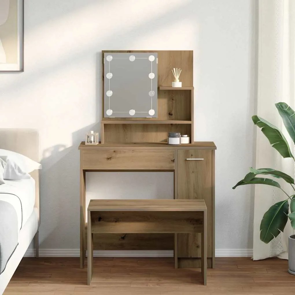 Conjunto penteadeiracom LED deriv. madeira carvalho artisiano