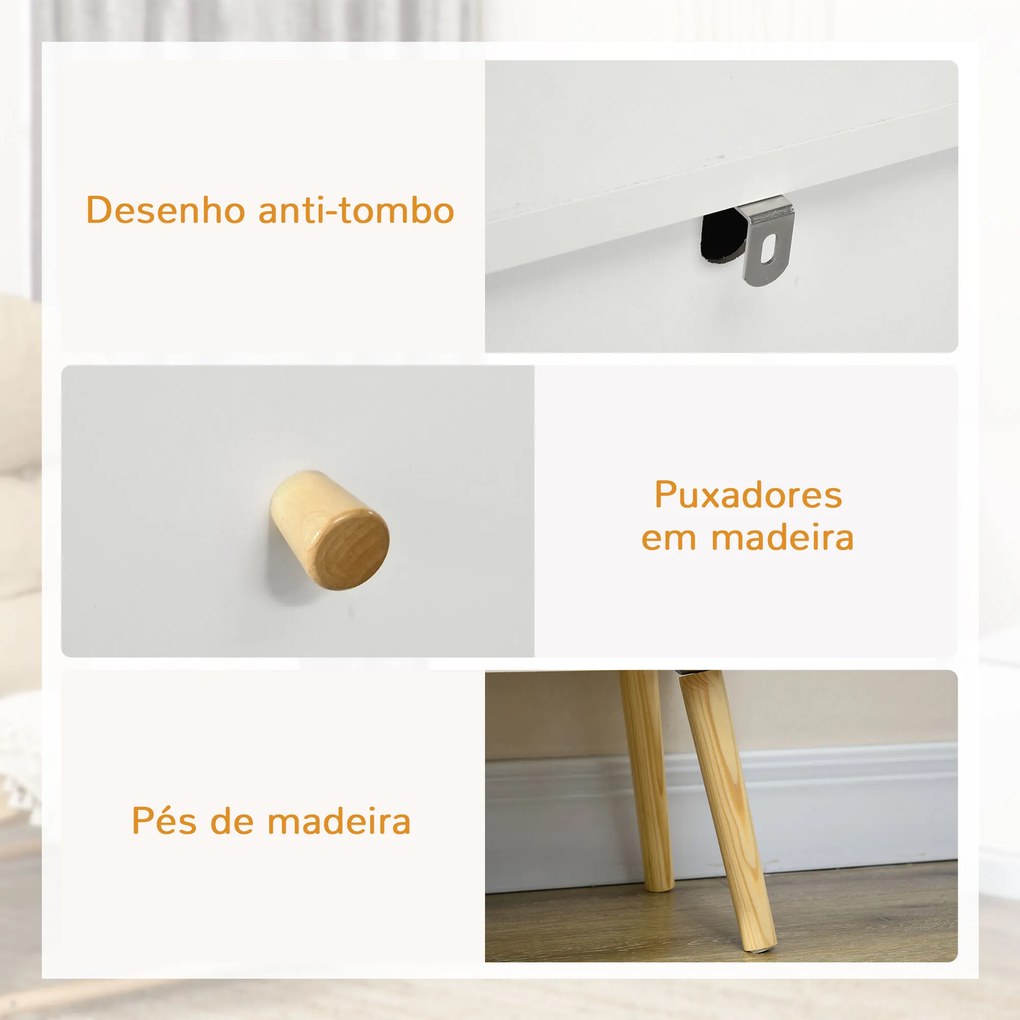 Cómoda com 3 Gavetas com Pés de Madeira de Pinho para Sala de Estar Escritório 80x30x80 cm Branco e Madeira