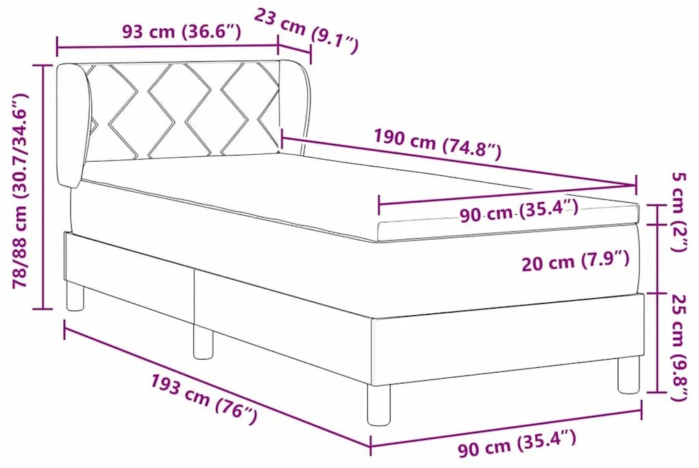 Cama Box Spring vidaXL com Colchão Cinza Claro 90x190 cm Veludo