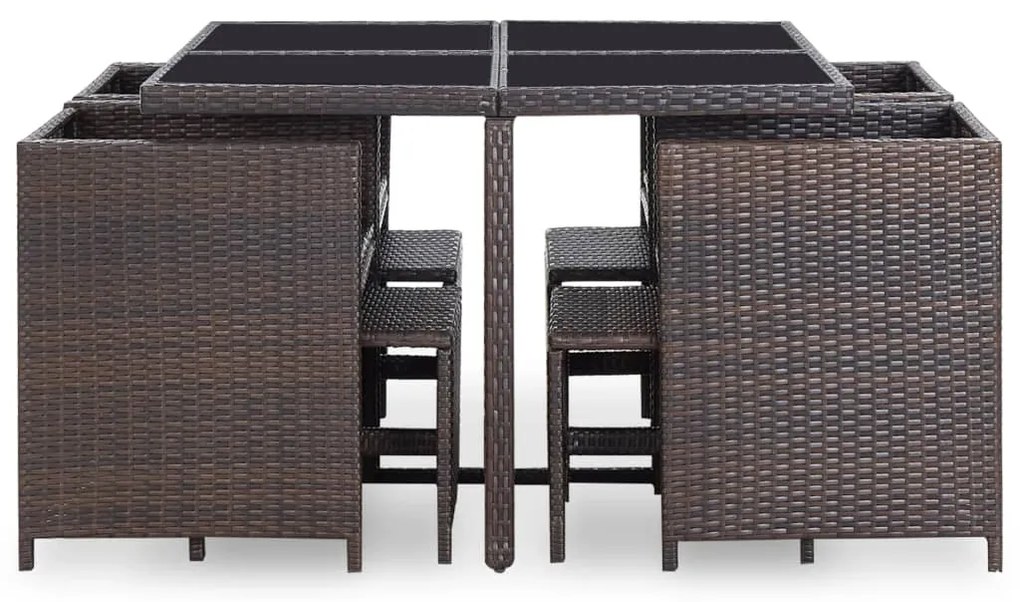 9 pcs conjunto jantar exterior c/ almofadões vime PE castanho