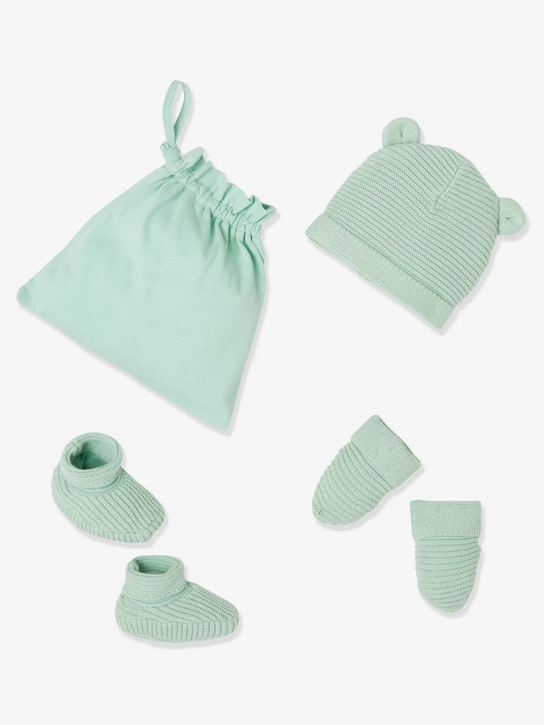 Conjunto gorro, luvas e sapatinhos, bolsa a condizer, para recém-nascido verde claro liso