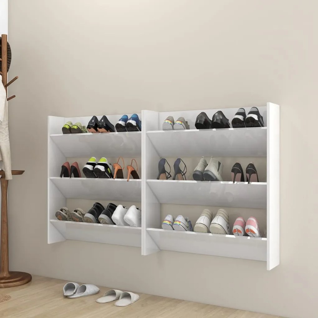 vidaXL Sapateiras parede 2pcs 80x18x90cm contraplacado branco brilhan.