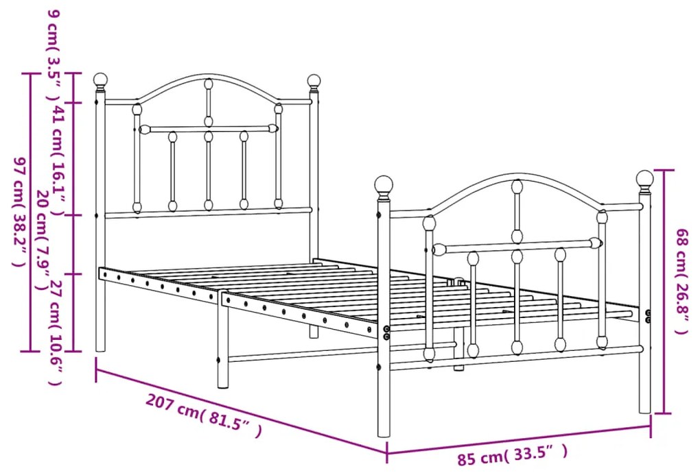 Estrutura de cama com cabeceira e pés 80x200 cm metal preto