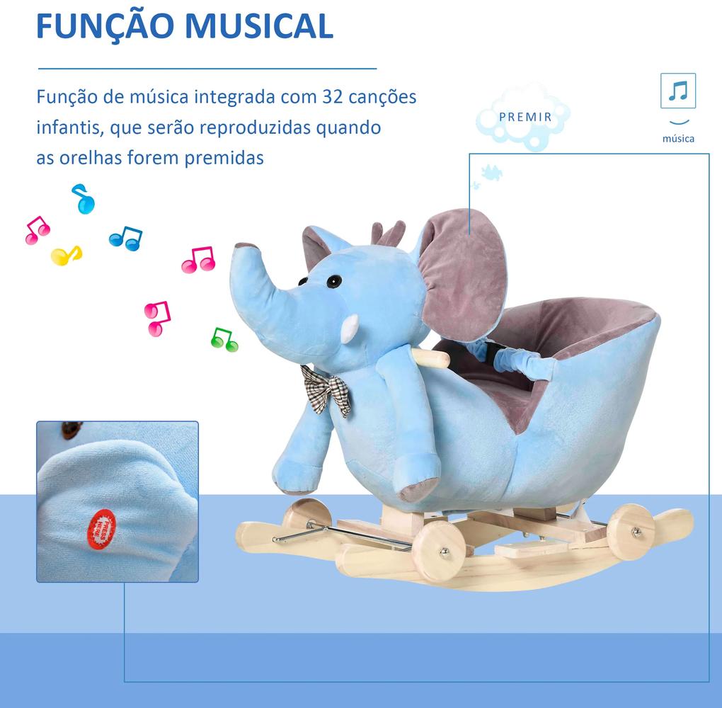 Cavalo Baloiço com Rodas e Forma de Elefante com Músicas Infantis e Cinto de Segurança 60x35x45 cm Azul